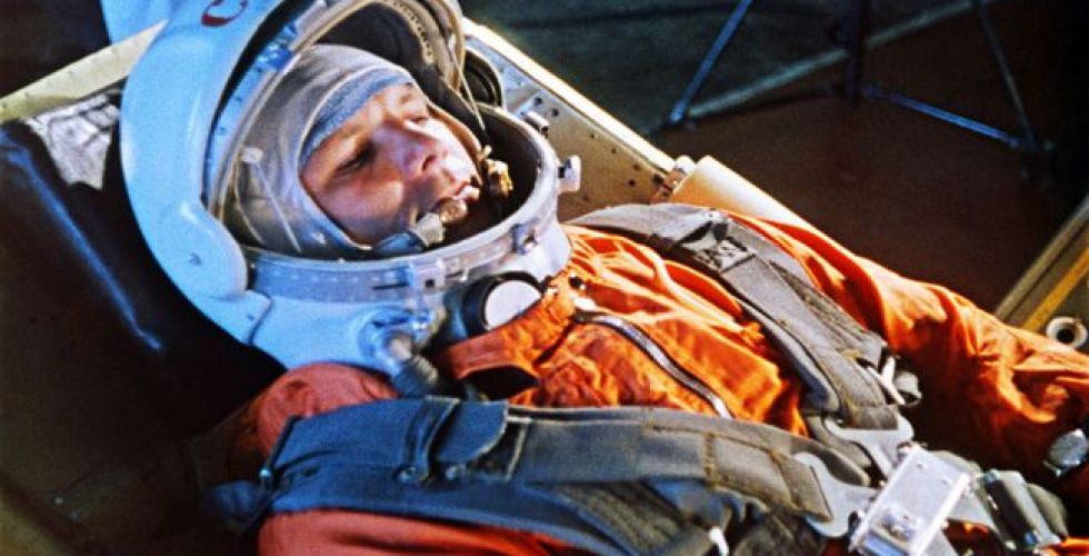 Gagarin in the cabin of space ship Voskhod-1 before the launch (the watch is clearly visible on the left sleeve of the spacesuit)